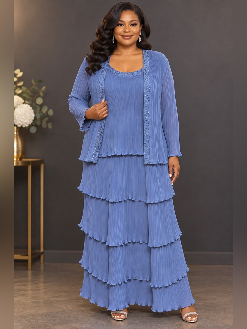 Dusty Blue Tiered Pleated Formal Dress